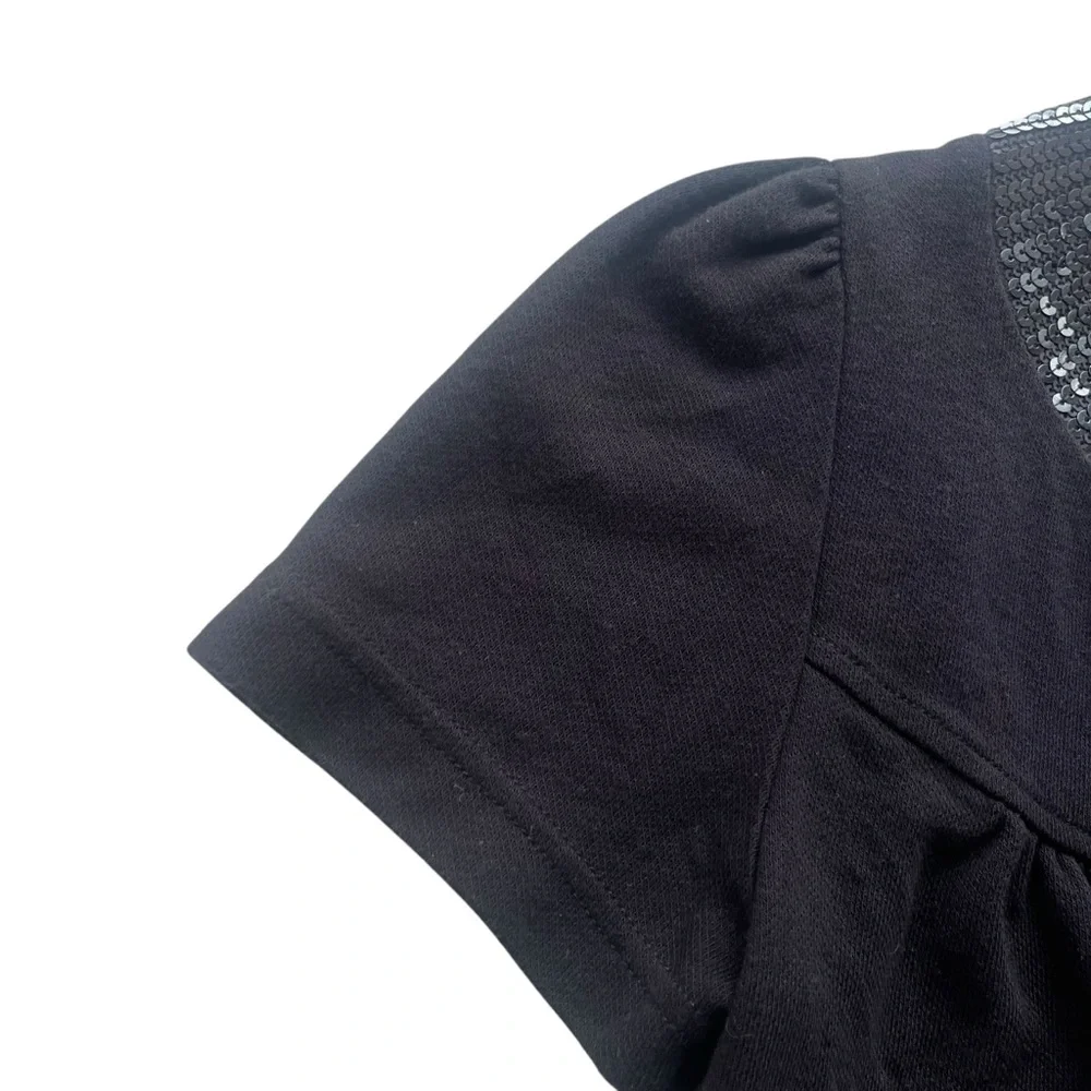 H&M Women’s Small Black Sequins Trim Short Puff Sleeve Tie Top Crop Y2K Cardigan